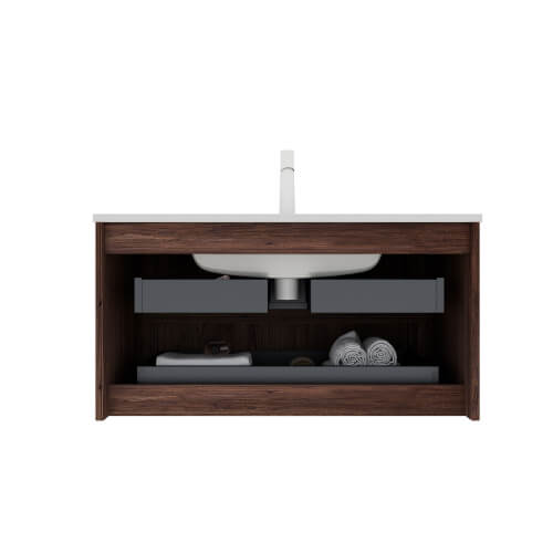 Front view of wooden floating sink vanity with open storage compartments.