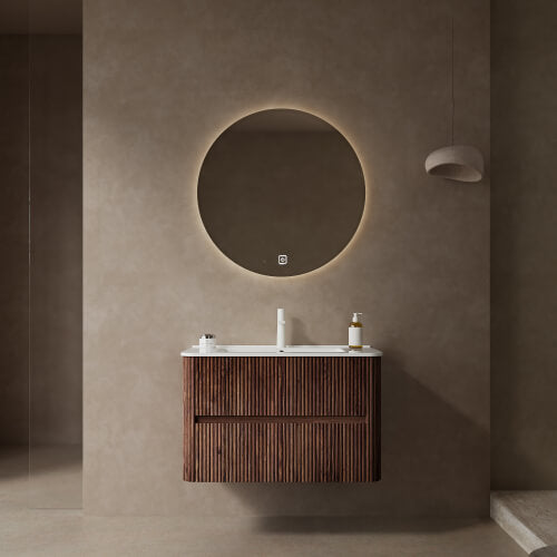 Wooden floating sink vanity with round mirror for modern bathroom.