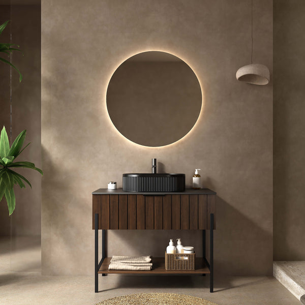 floating sink wooden vanity round mirror