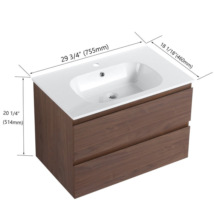 Floating wall mounted bathroom vanity, dimensions 29x18