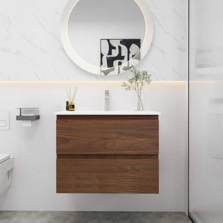 Floating wall mounted bathroom vanity, walnut modern