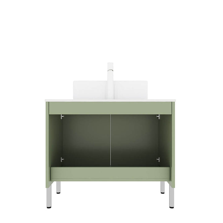 green minimalist floating bathroom vanity open drawer