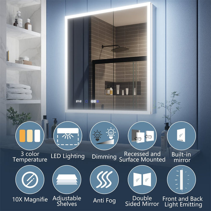 Illusion 30" x 32" LED Lighted Medicine Cabinet with Magnifiers Front and Back Light - Modland