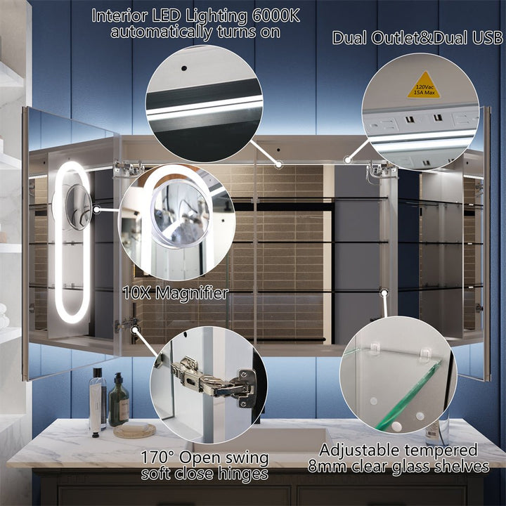 Illusion 40" x 32" LED Lighted Medicine Cabinet with Magnifiers Front and Back Light - Modland