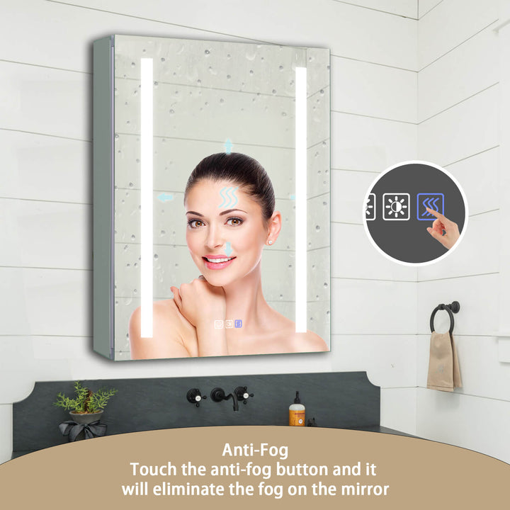 LED bathroom mirror with anti-fog function activated by a touch button.