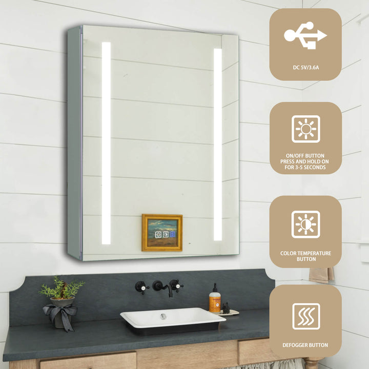 LED bathroom mirror with USB port, on/off, color temperature, and defogger buttons.