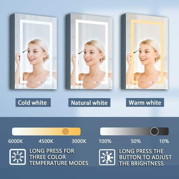 LED bathroom mirror with adjustable color temperature: cold white, natural white, warm white, and brightness levels