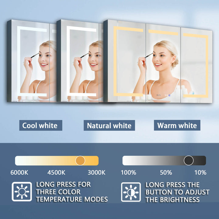 LED bathroom mirror with adjustable color temperature and brightness settings