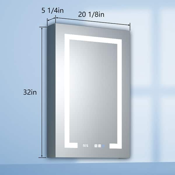 LED bathroom mirror with dimensions 20 1/8 inches wide, 32 inches tall, 5 1/4 inches deep