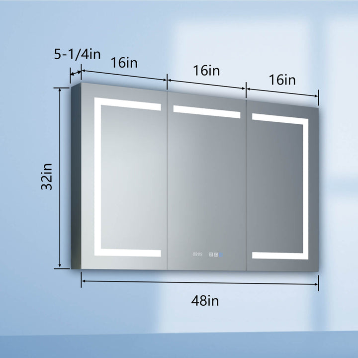 LED bathroom mirror with dimensions 48x32 inches and detailed measurements