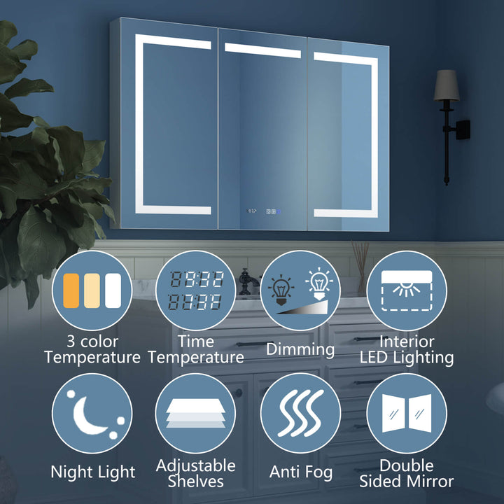 LED bathroom mirror with features like dimming, anti-fog, and adjustable shelves