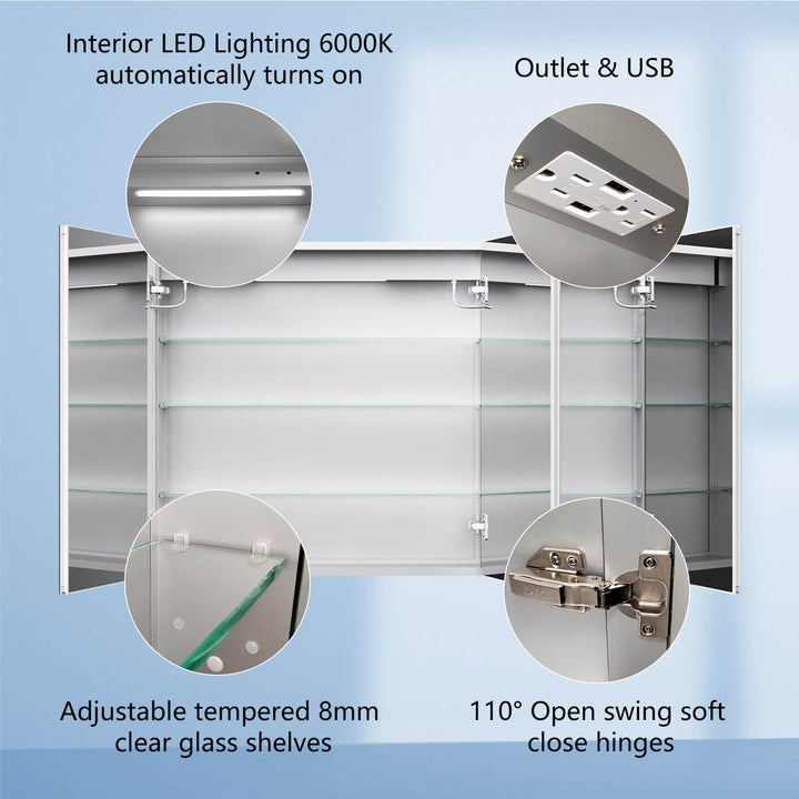 LED bathroom mirror with interior lighting, adjustable shelves, USB outlet, and soft-close hinges