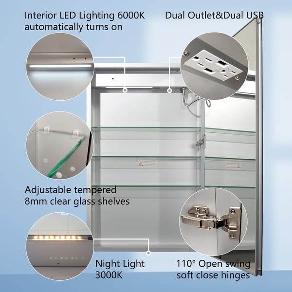 LED bathroom mirror with interior LED lighting, dual USB outlets, glass shelves, and soft-close hinges