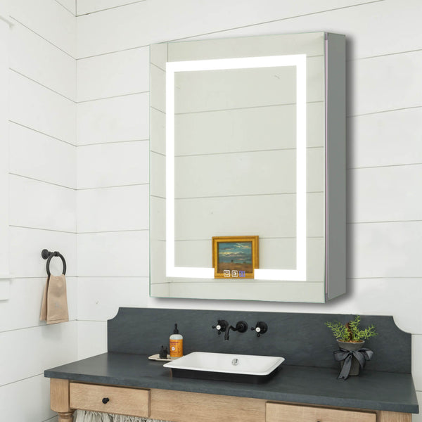 LED bathroom mirror in a modern rustic bathroom with white shiplap walls and a wooden vanity