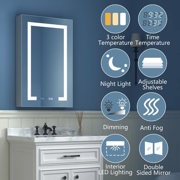 LED bathroom mirror with anti-fog, dimming, night light, adjustable shelves, and touch control