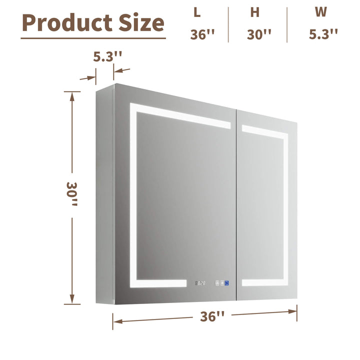 LED bathroom mirror with product dimensions 36x30x5.3 inches