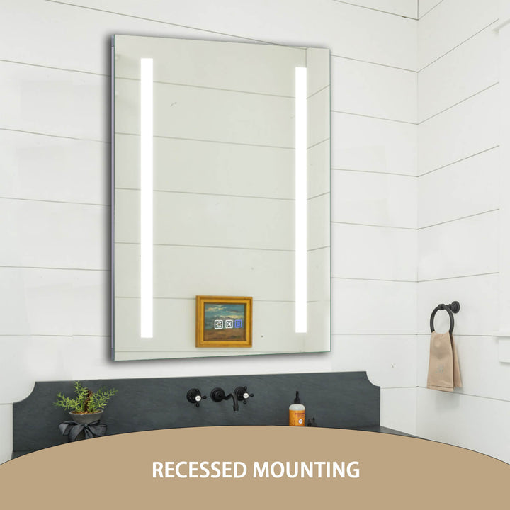 LED bathroom mirror with recessed mounting installation in a modern bathroom