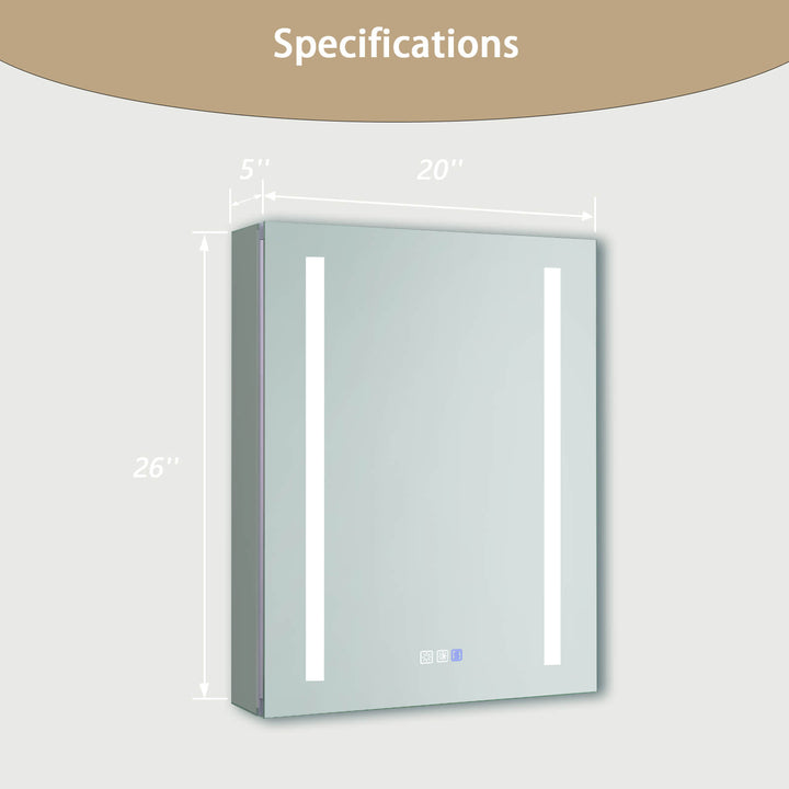 LED bathroom mirror with specifications 20x26x5 inches