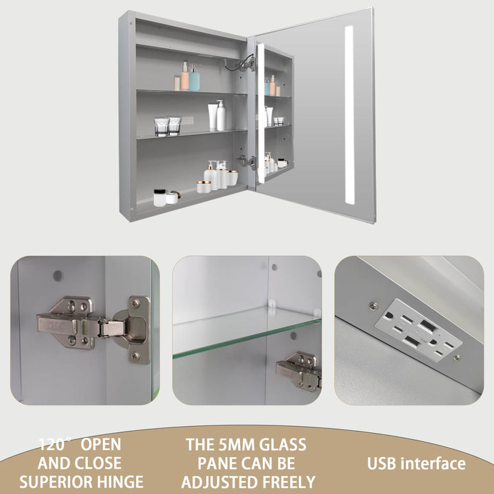 LED bathroom mirror with adjustable shelves, USB interface, and superior hinge design