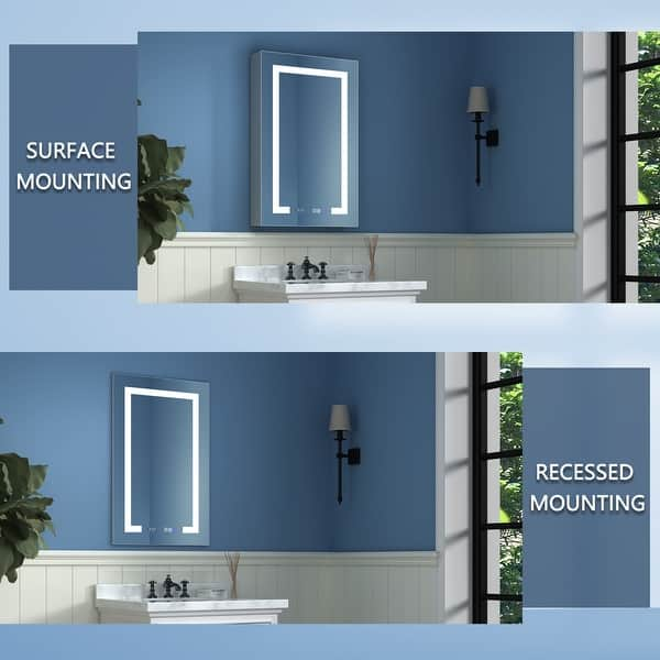 LED bathroom mirror with options for surface mounting and recessed mounting