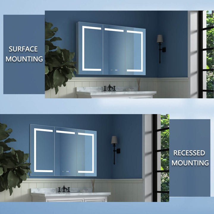 LED bathroom mirror with surface and recessed mounting options