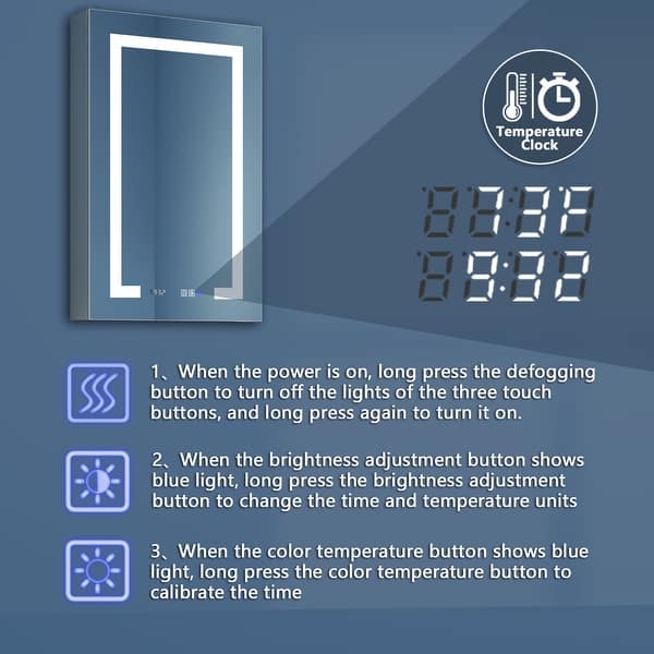 LED bathroom mirror with touch control, temperature display, clock, and brightness adjustments