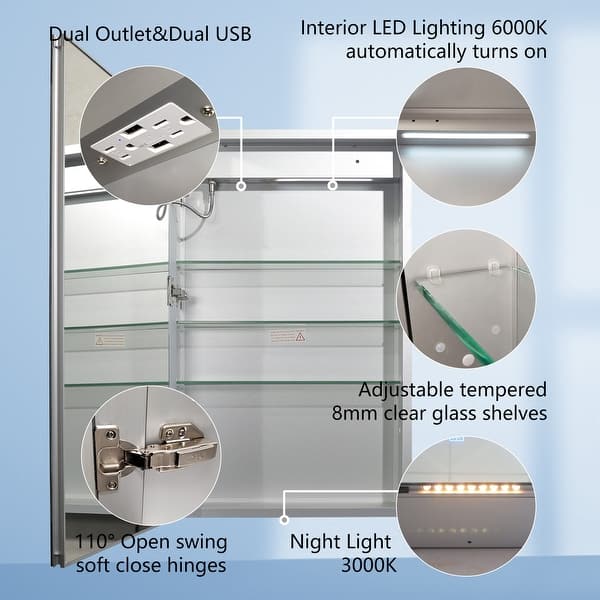 LED bathroom mirror featuring dual USB outlets, interior LED lighting, adjustable glass shelves, and soft-close hinges