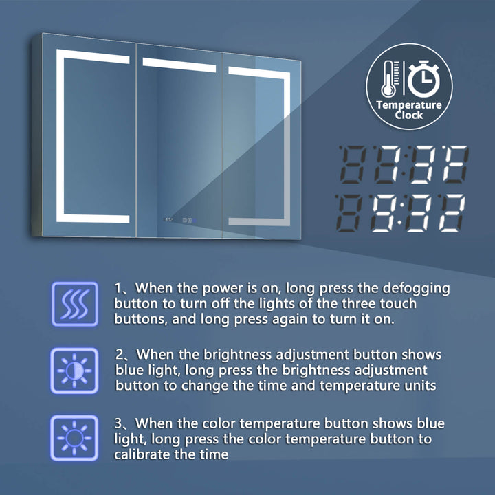 LED bathroom mirror with usage instructions for defogging, brightness, and temperature settings