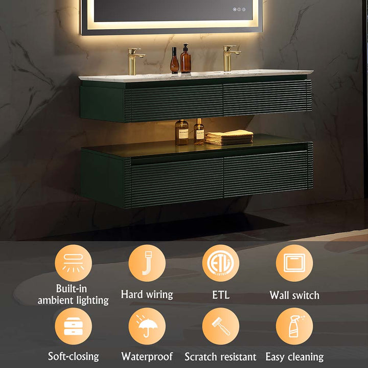 Led floating bathroom vanity features built in lighting