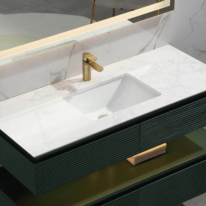 Led floating bathroom vanity green single sink close up