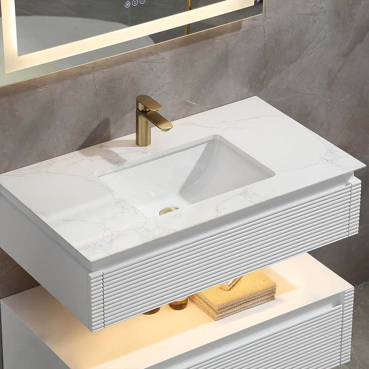 Led floating bathroom vanity white single sink 36x20 close up