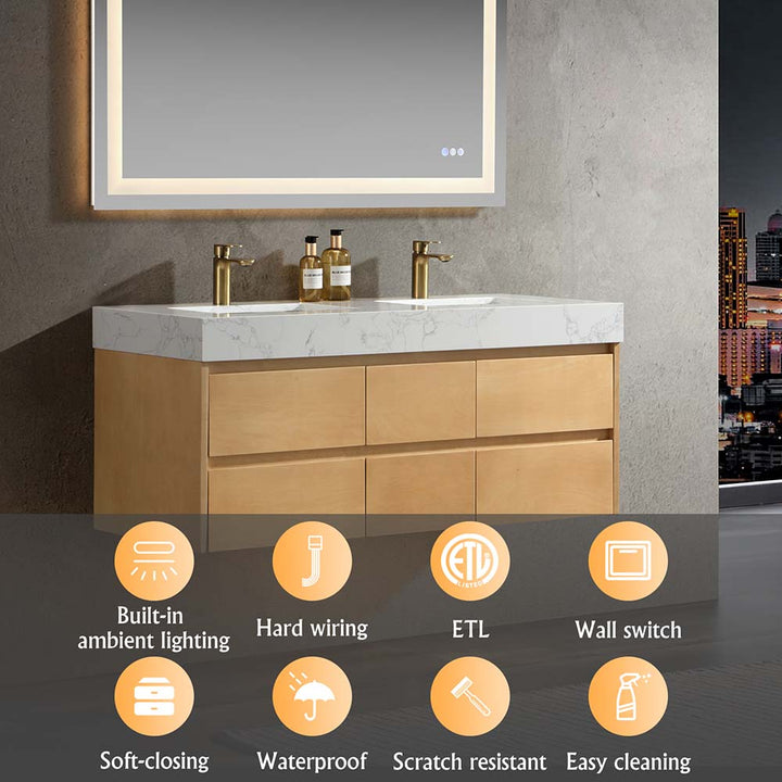 Led floating bathroom vanity, wooden 48x21 features