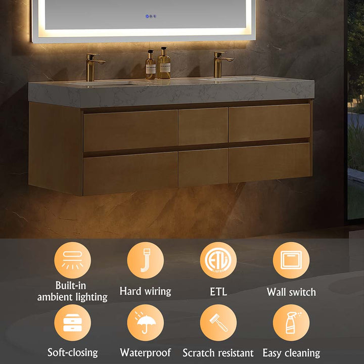 Led floating bathroom vanity wooden single sink 60x21 features