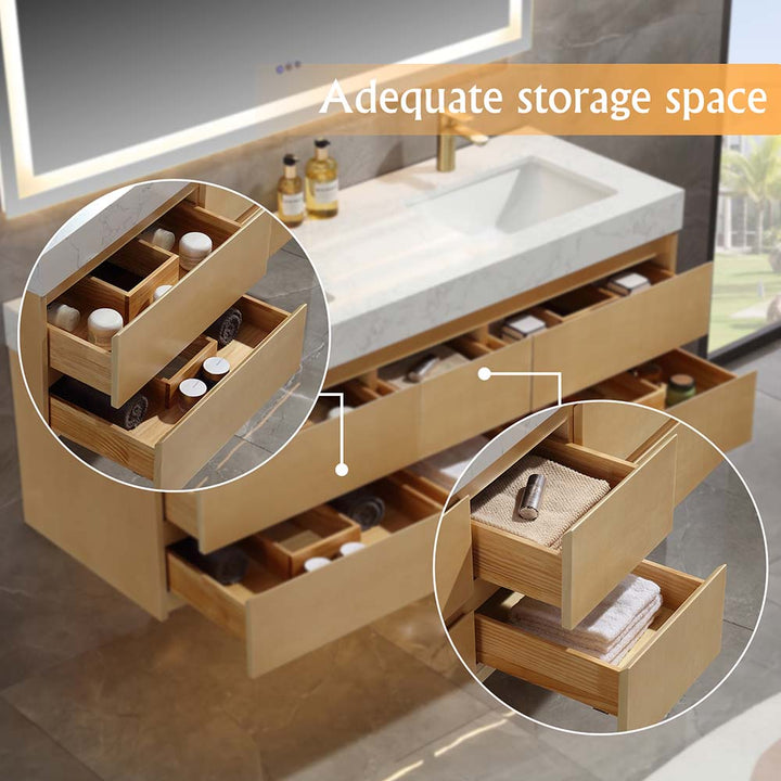 Led floating bathroom vanity wooden single sink 60x21 storage