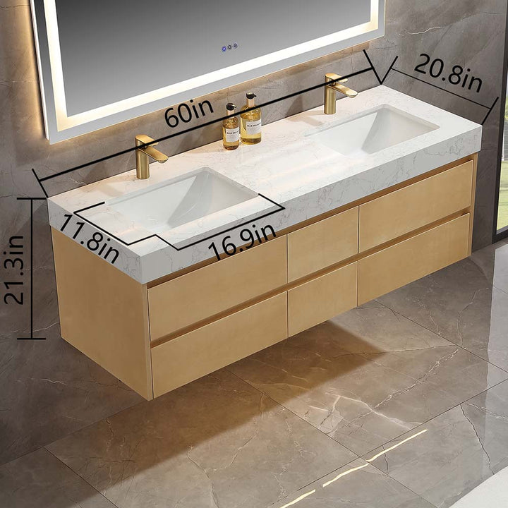 Led floating bathroom vanity wooden single sink 60x21