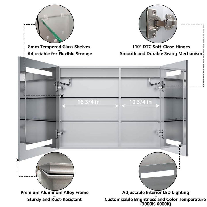 Led medicine cabinet open view interior details