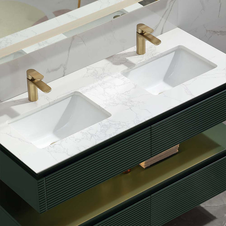 Led vanity in modern green bathroom