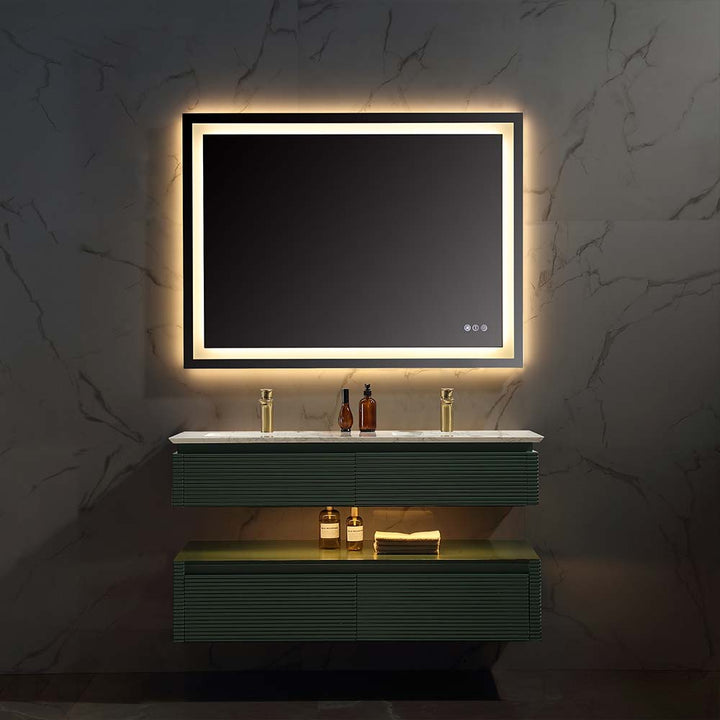 Led vanity with double sinks and green theme