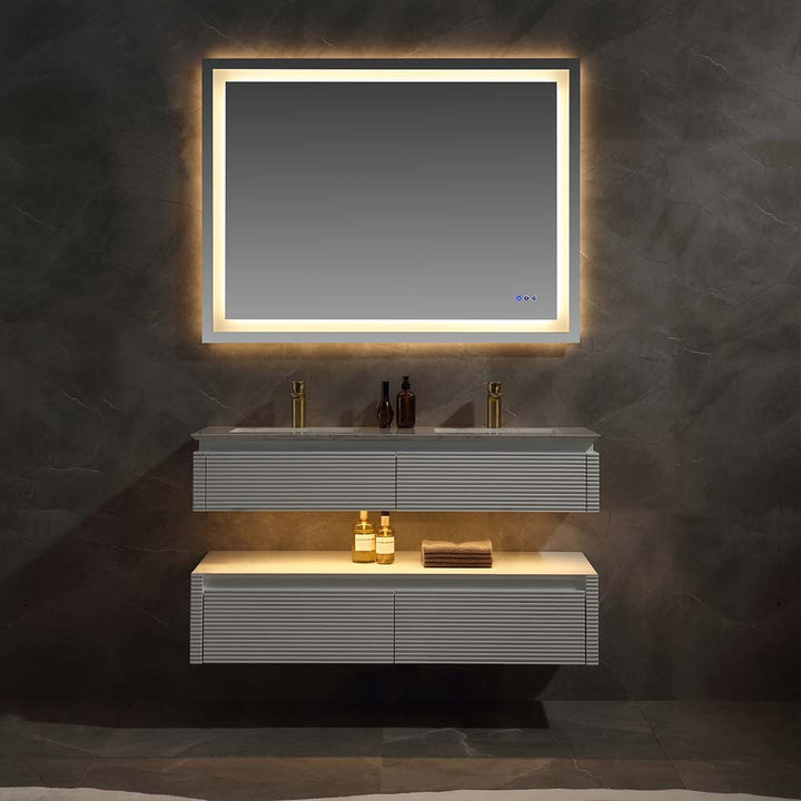 Led vanity with double sinks and white theme