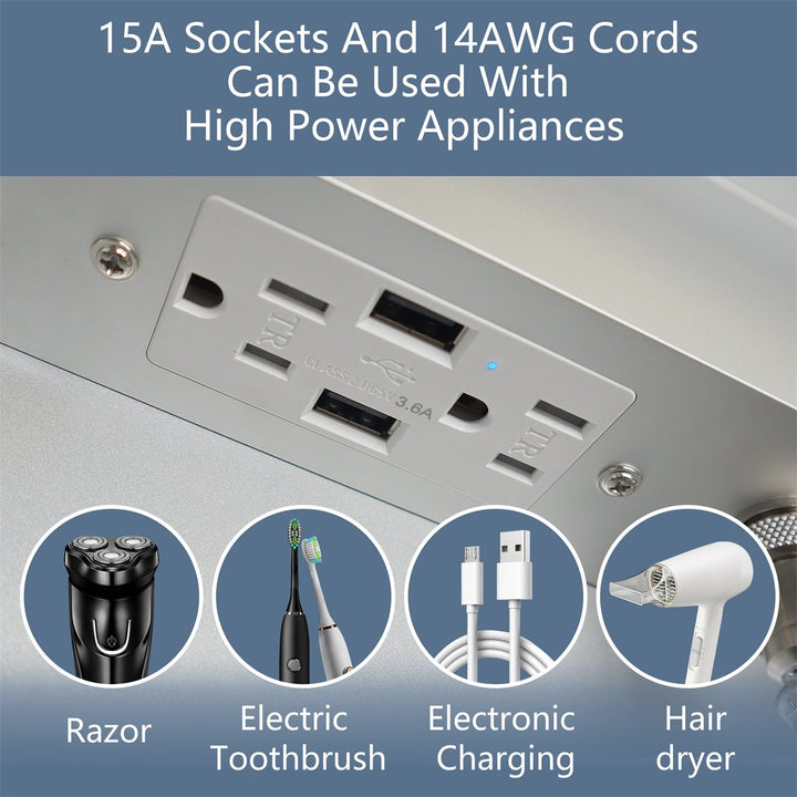 Left opening medicine cabinet with USB and outlet for high power appliances 