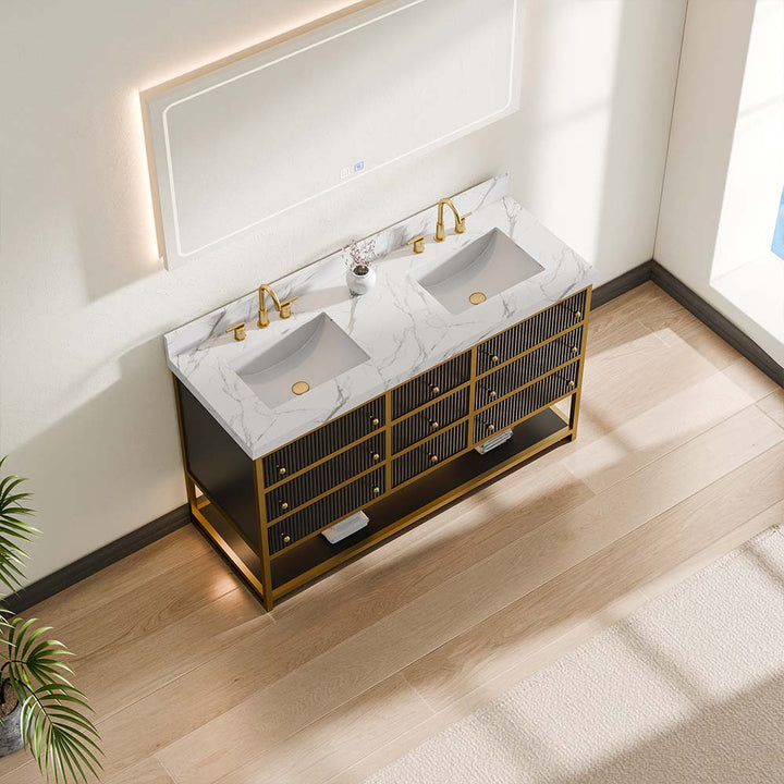 Luxury modern black double sink vanity angled