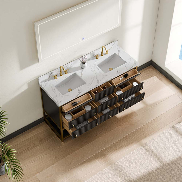 Luxury modern black double sink vanity open drawers