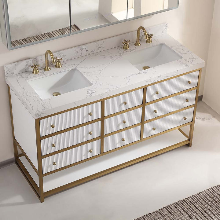 Luxury modern white double sink vanity angled