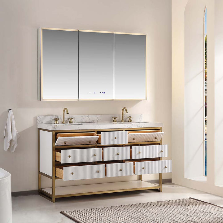 Luxury modern white double sink vanity open drawers bathroom