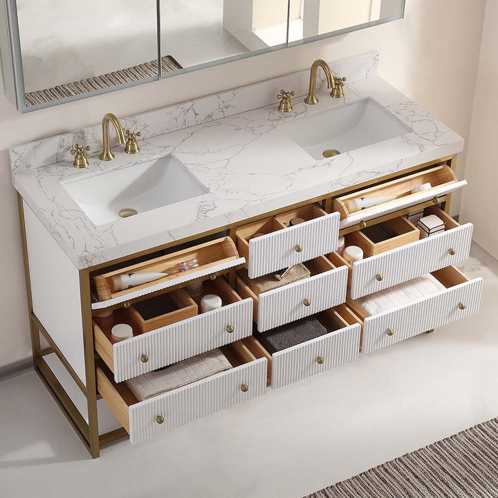 Luxury modern white double sink vanity open drawers