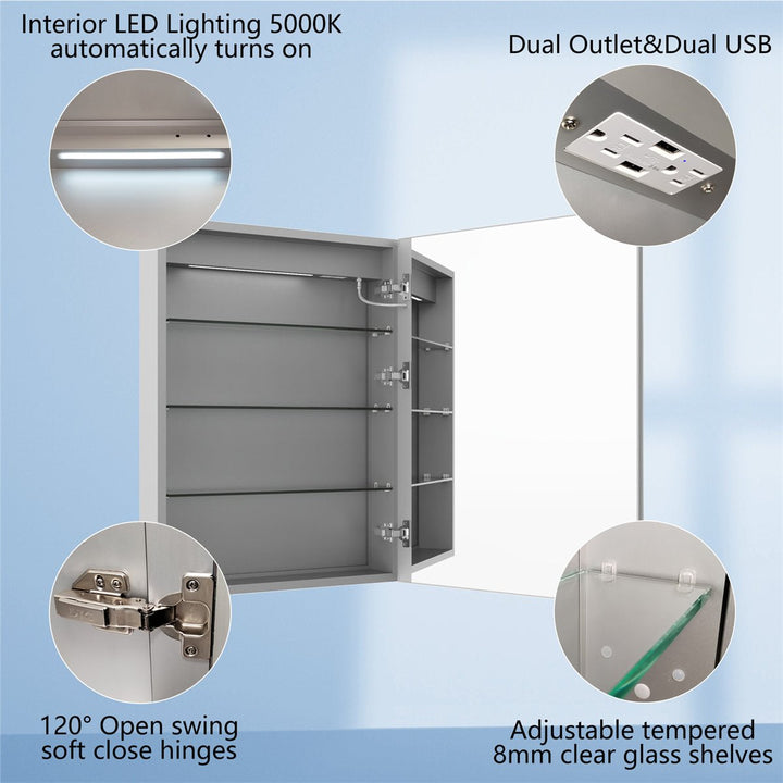 Medicine cabinet interior LED lights adjustable shelves