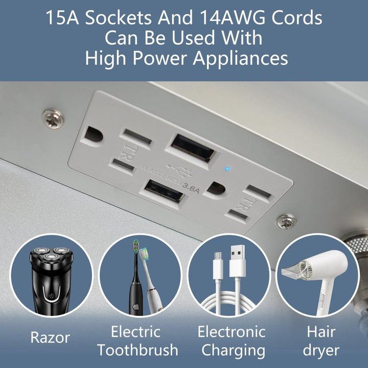 Medicine cabinet with USB and outlet for high power appliances left opening