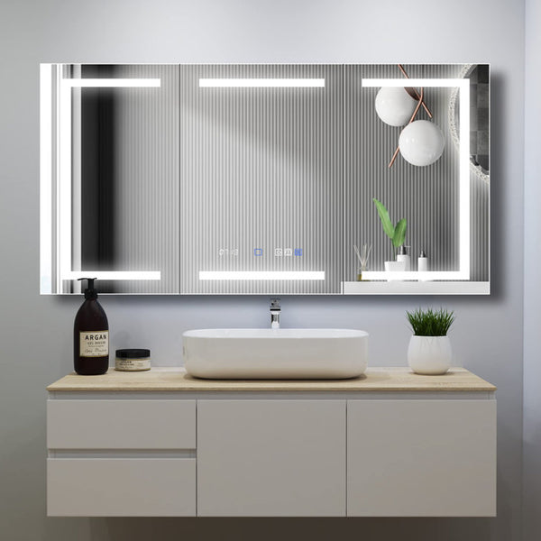 Modern bathroom mirror cabinet with backlit LED lighting and minimalist design, featuring a vessel sink and decorative items