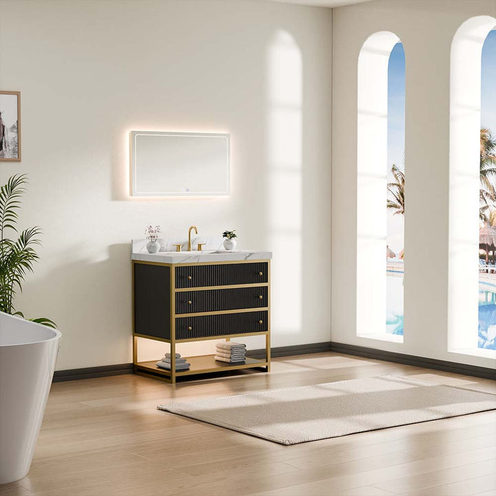 Modern bathroom vanity with one piece ceramic sink and gold accents