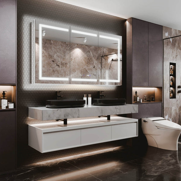 Luxurious modern bathroom featuring a double vanity with black sinks, large backlit mirror, and hexagonal wall tiles in a monochrome color scheme